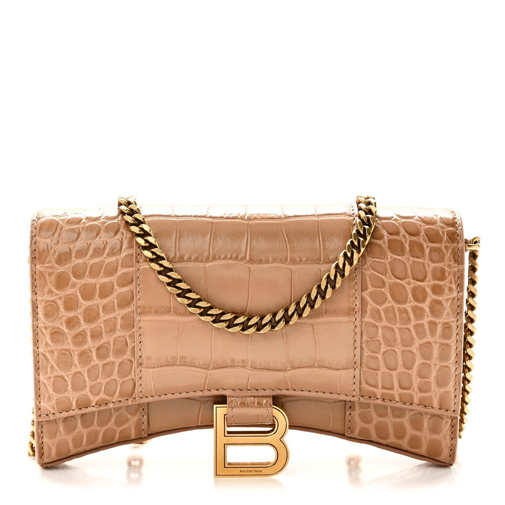 Shiny Calfskin Crocodile Embossed Hourglass Chain Bag Nude Beige