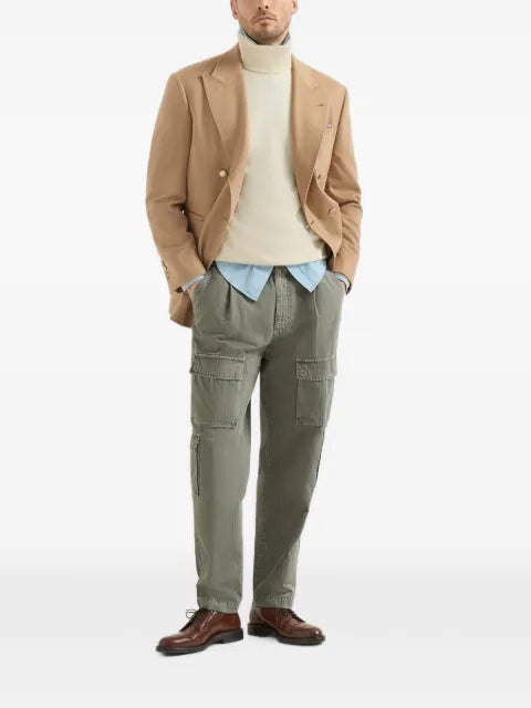 Brunello Cucinelli camel flannel one-and-a-half breasted Tailor blazer with metal buttons