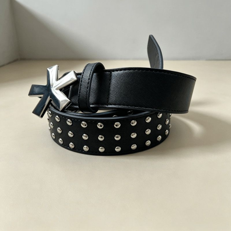 Silver Cross Star Buckle Leather Belt Punk Double Row Studded Waist