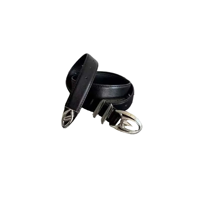 Futuristic Logo Leather Belt Silver Metal Buckle Unisex Waist Belt
