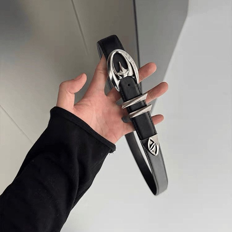 Futuristic Logo Leather Belt Silver Metal Buckle Unisex Waist Belt