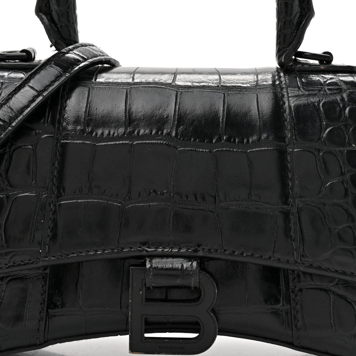 Shiny Calfskin Monochrome Crocodile Embossed Hourglass Top Handle Bag XS Black