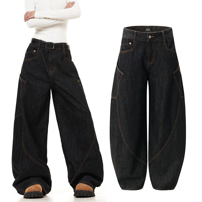 Y2K Vintage Ripped Curved Baggy Wide Leg Jeans Big Pocket Streetwear