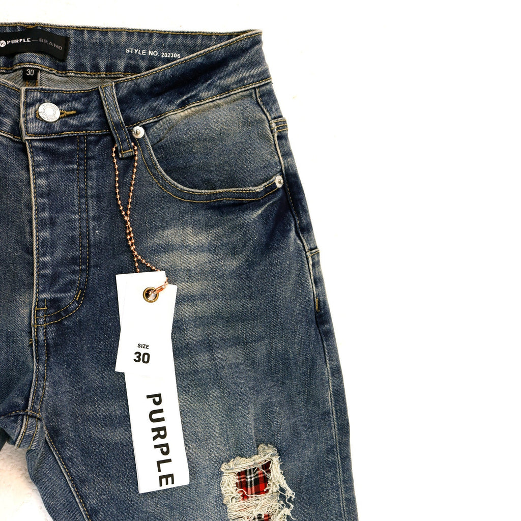 Purple Brand Plaid Patch Ripped Skinny Denim Jeans Unisex