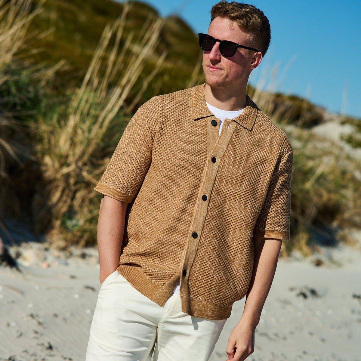 Selected Ginger Ss Knit Relaxed Polo Cardigan: Chipmunk Oatmeal