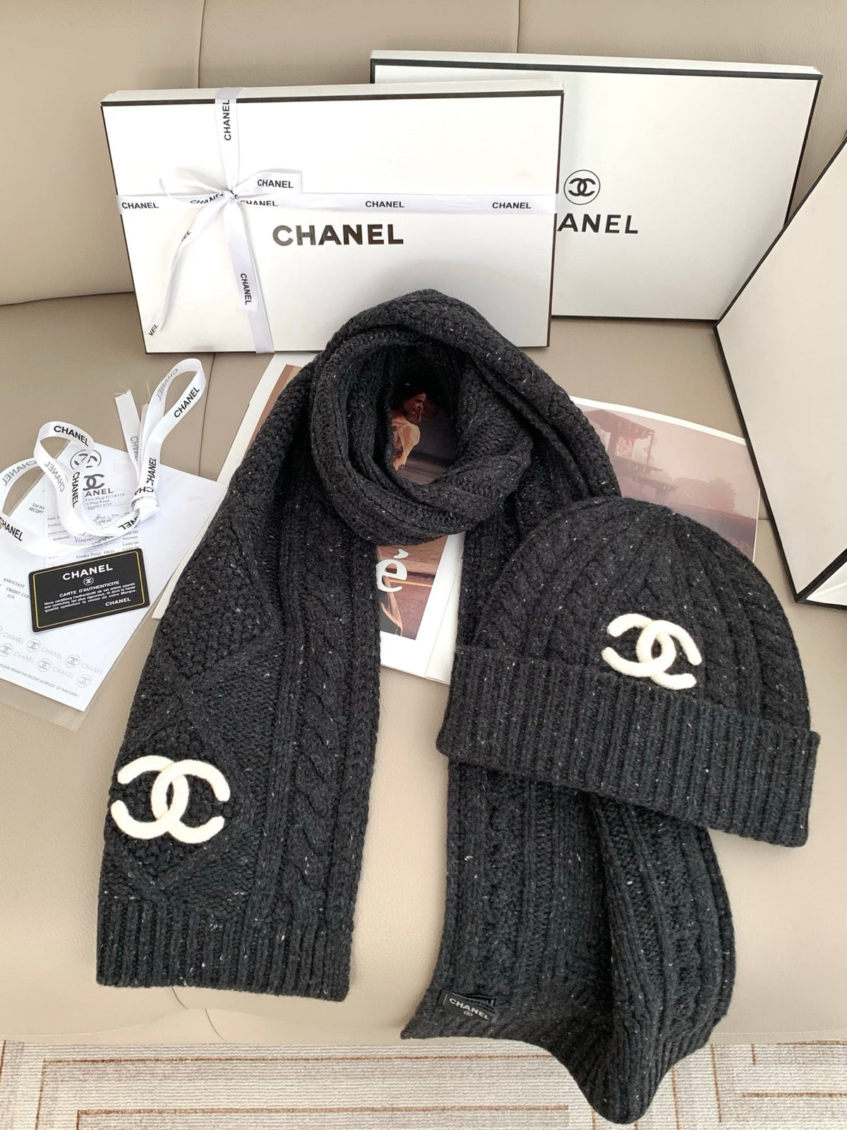 Chanel Style Rib-Knit Scarf and Beanie Set