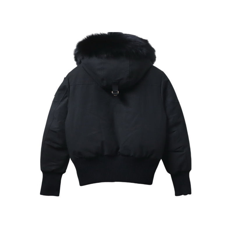 Moose Knuckles Black Hooded Bomber Jacket with Pom-Pom Trim
