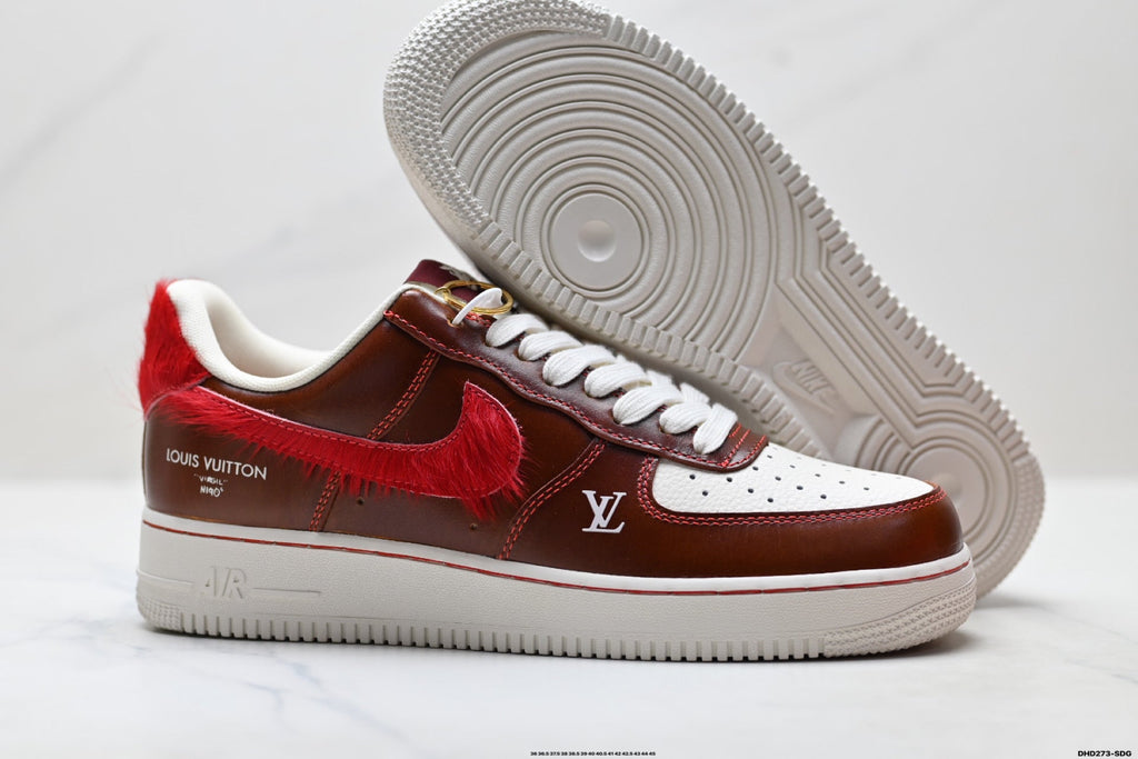 Nike Air Force 1 Low Brown Red Monogram Print Unisex Sneakers Style 06