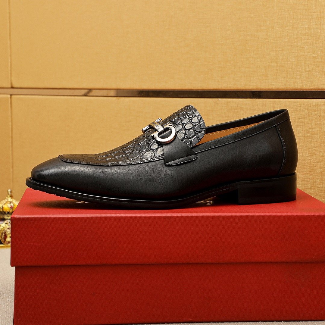 Ferragamo Black Buckle Loafers - Rounded Toe