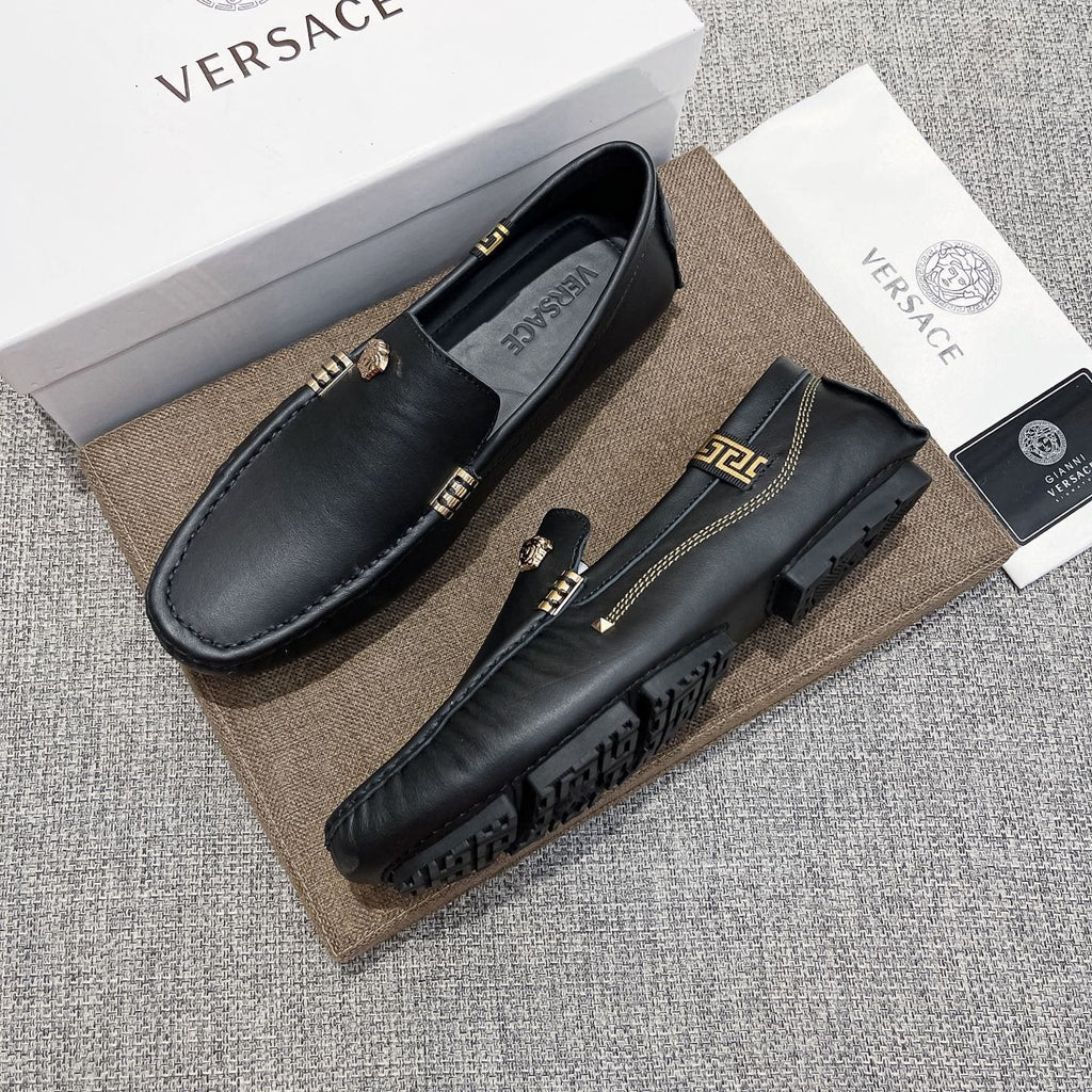 Versace Black Leather Loafers with Gold-Tone Accents