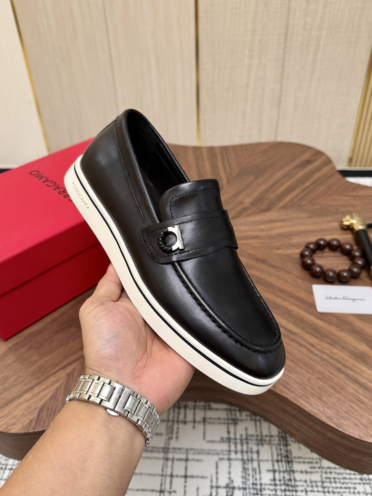 Salvatore Ferragamo Black Loafers with White Soles