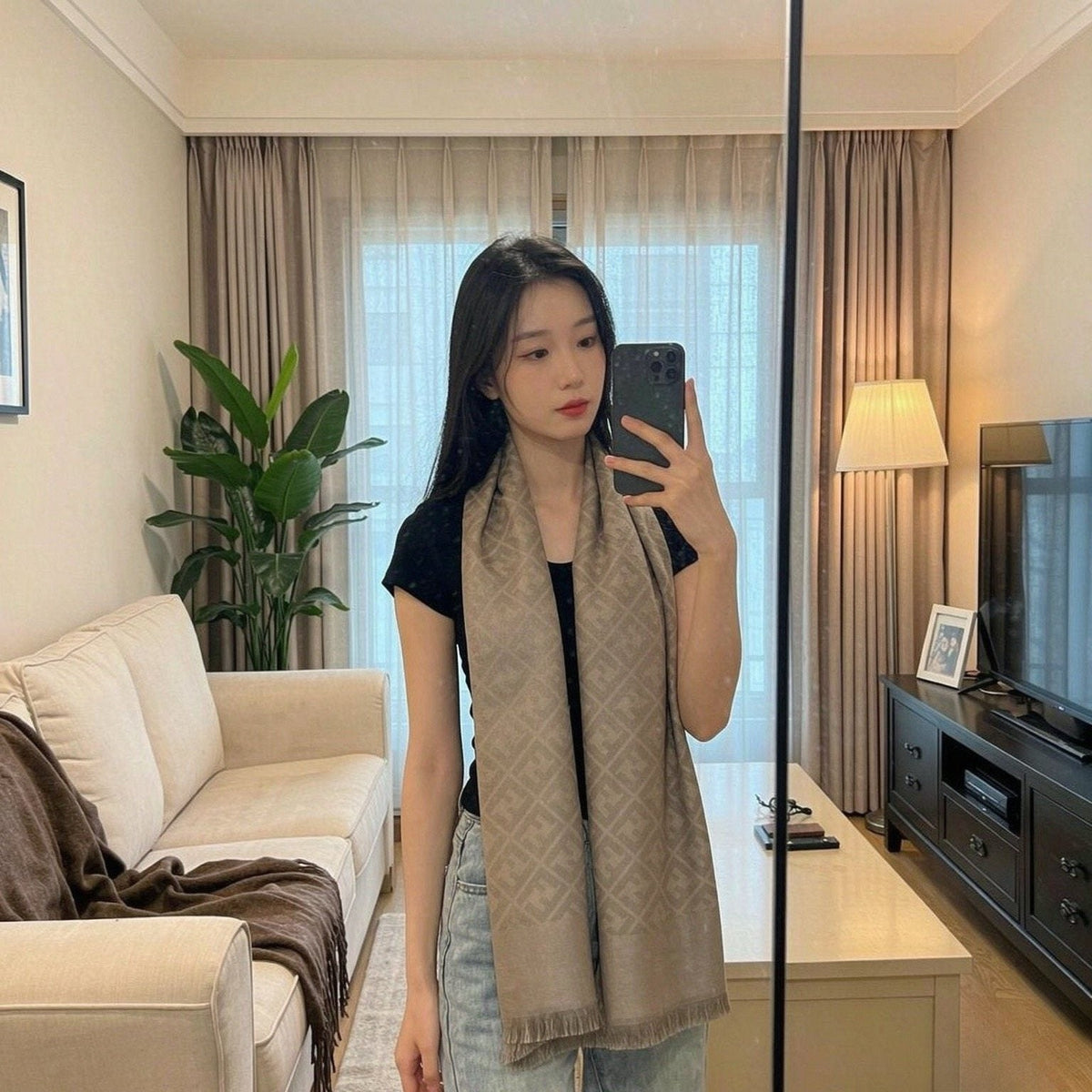 Fendi Taupe Beige Geometric Fringed Scarf