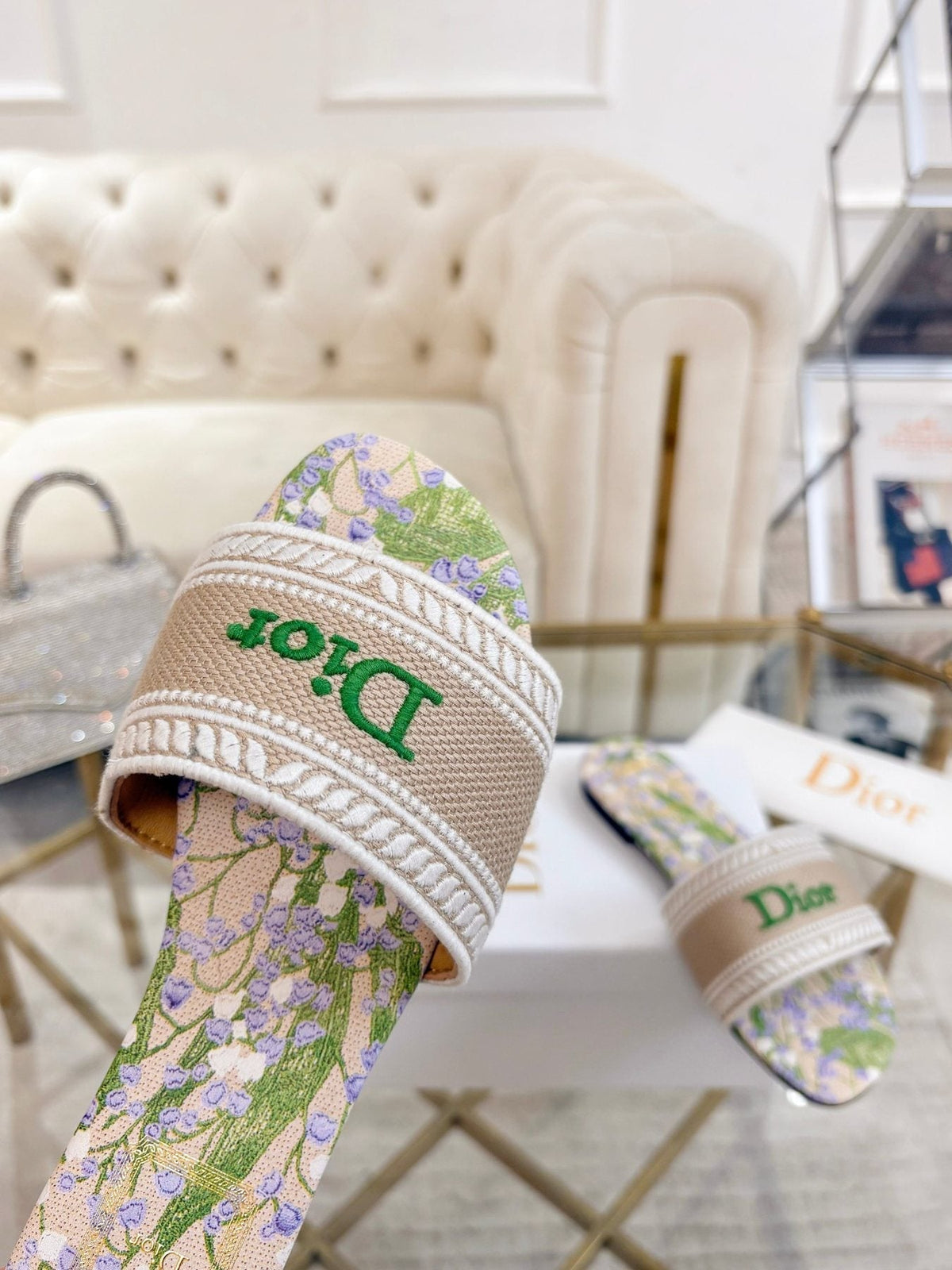 Dior Beige Floral Embroidered Slide Sandals