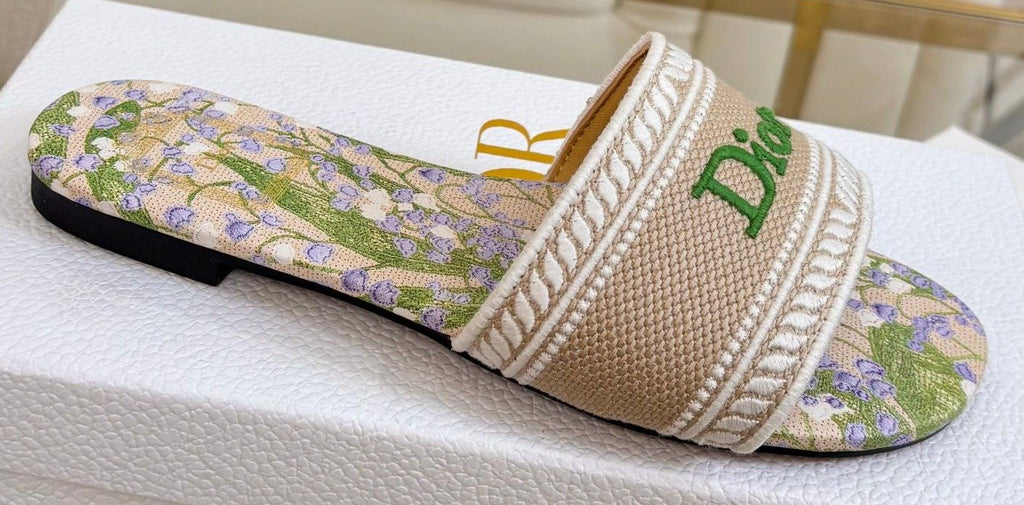 Dior Beige Floral Embroidered Slide Sandals
