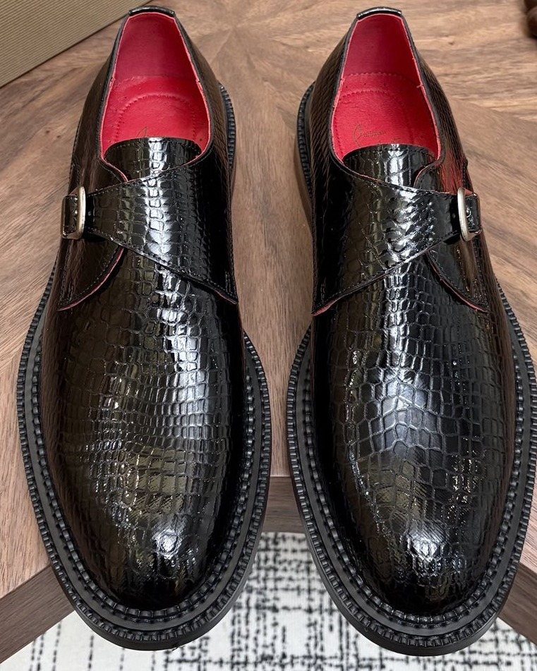 Men's Christian Louboutin Black Textured Buckle Slip-On Dress Shoes
