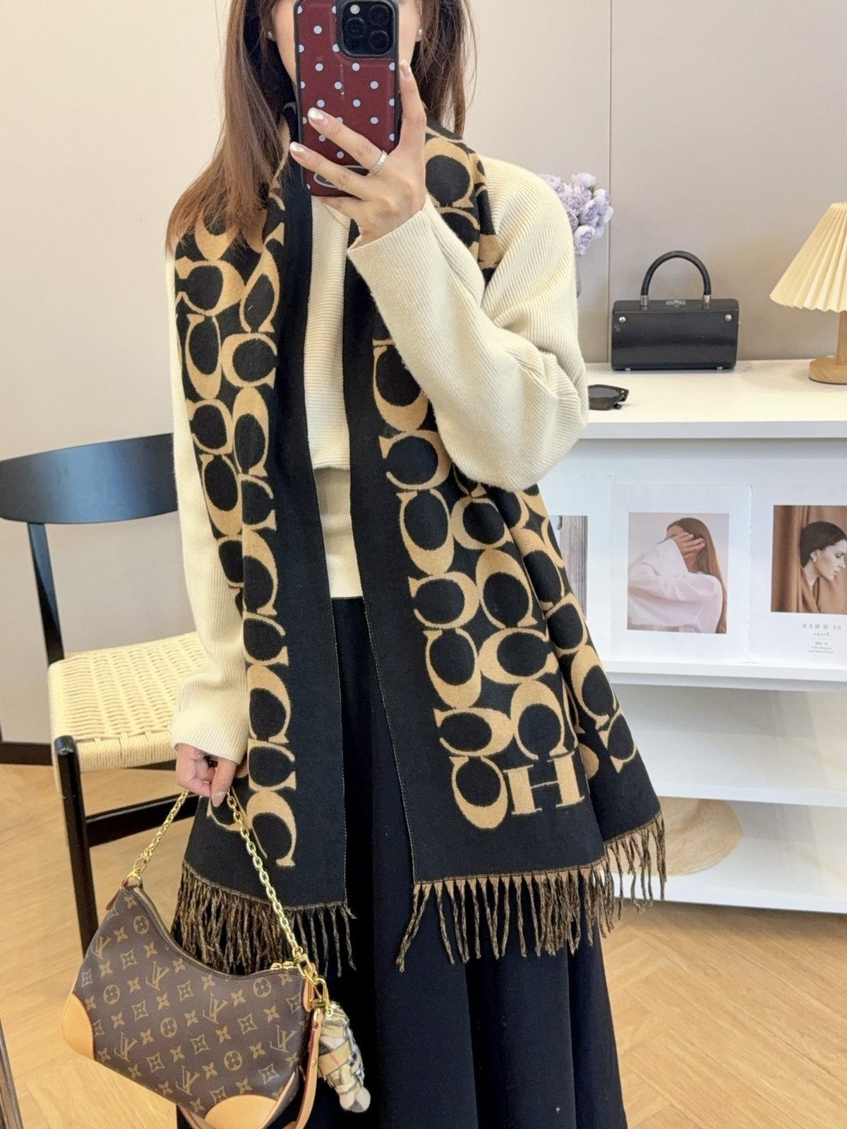 Coach Fringed Woven Motif Scarf