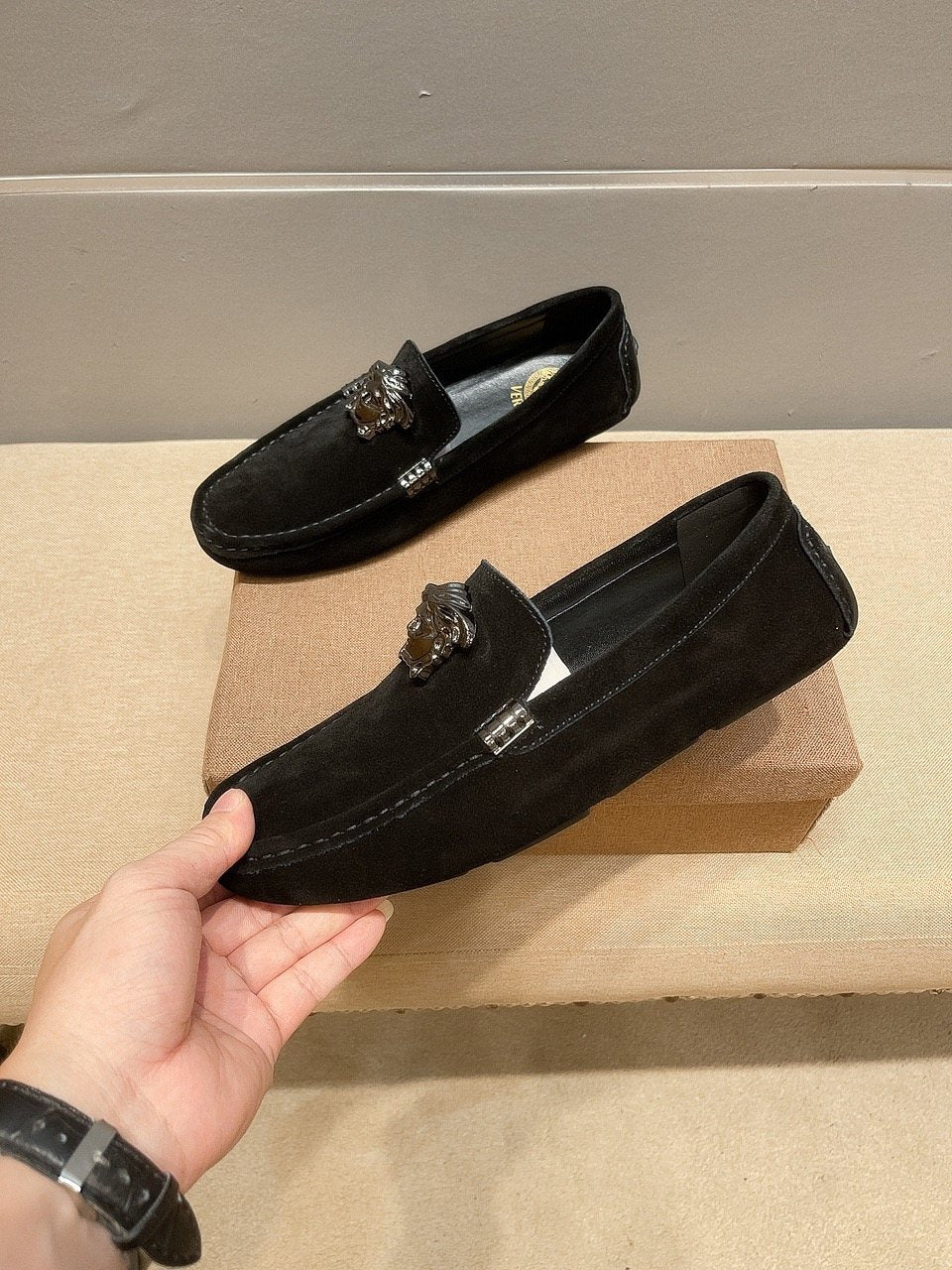 Men's Leather Loafers with Metal Medallion