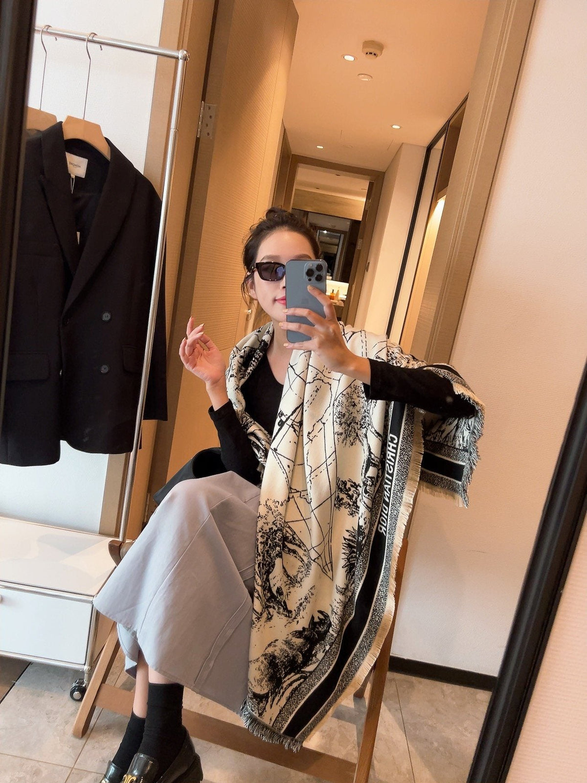 Dior Toile Print Fringed Shawl