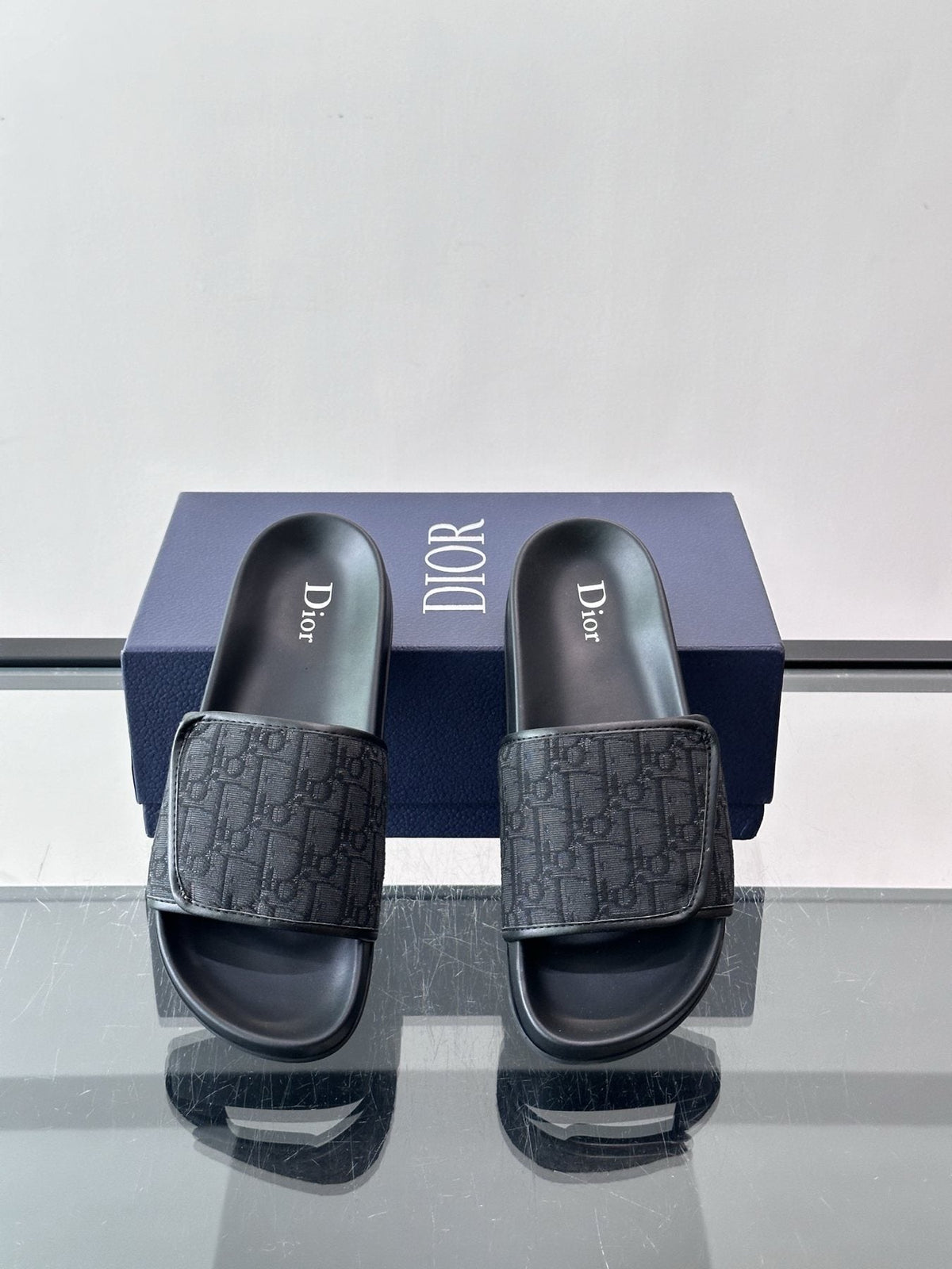Dior Patterned Strap Slide Sandals - Black Sole